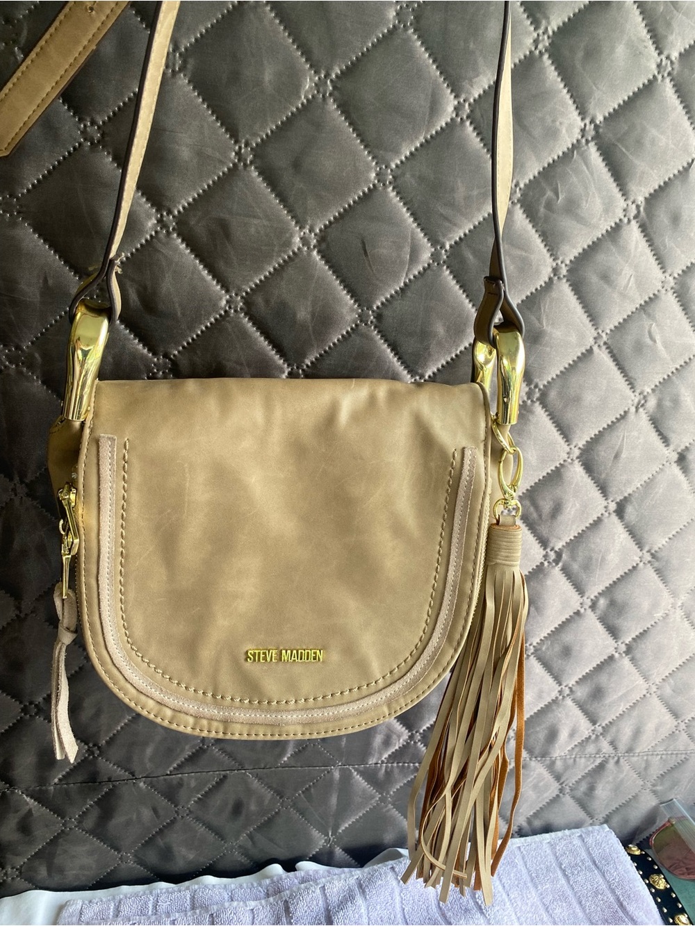 Steve Madden Boho Saddle Crossbody Purse - Tan Neutral with Tassel